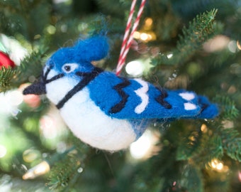 Blue Jay Felt Wool Bird Christmas Ornament - Fair Trade Handmade in Nepal