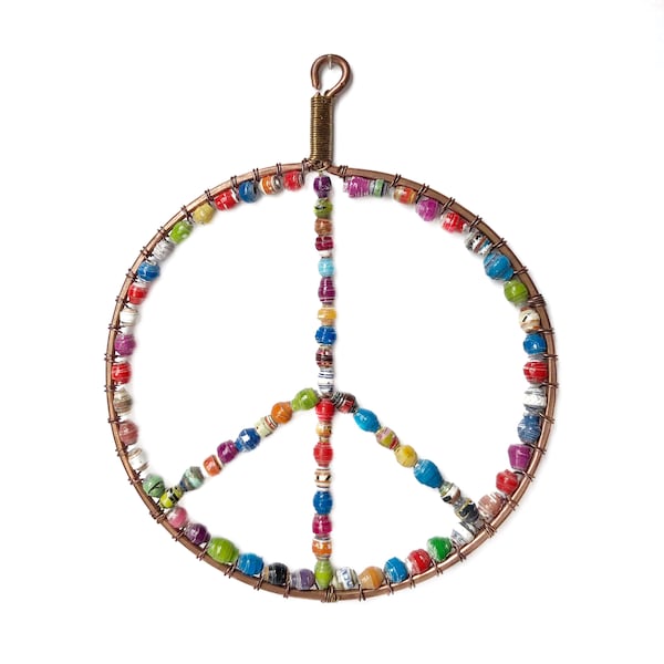 Peace Sign Ornament - Multicolor Recycled Paper Beads, Sustainable, Fair Trade from Uganda, East Africa