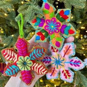 Colorful Snowflake Embroidered Wool Christmas Ornament, Solid - Handmade Peru Artisan Fair Trade