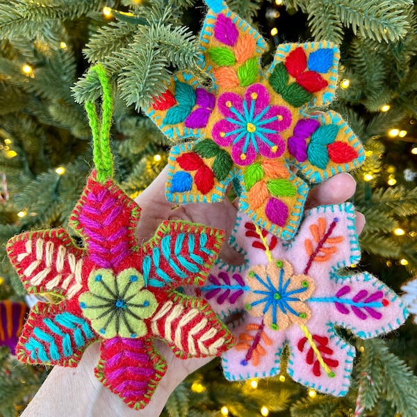 Colorful Snowflake Embroidered Wool Christmas Ornament, Solid - Handmade Peru Artisan Fair Trade