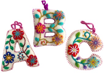 White Letter - Embroidered Wool Ornament Alphabet Initials ABCs Handmade in Peru, Fair Trade Assorted