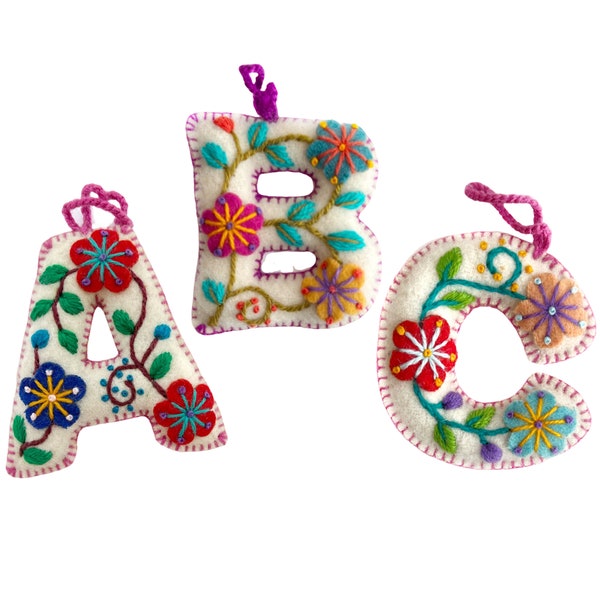 White Letter - Embroidered Wool Ornament Alphabet Initials ABCs Handmade in Peru, Fair Trade Assorted