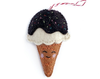 Smiling Ice Cream Ornament - Fair Trade Felt Wool Christmas Decor Handmade in Nepal