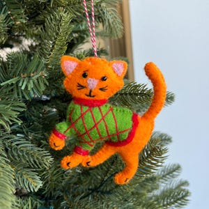 Cat in Sweater Christmas Ornament -  Fair Trade Felt Wool Holiday Decor Handmade in Nepal
