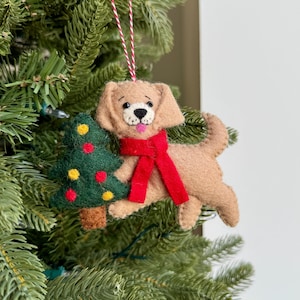 Puppy Dog with Christmas Tree Ornament - Felt Wool Fair Trade Handmade Nepal