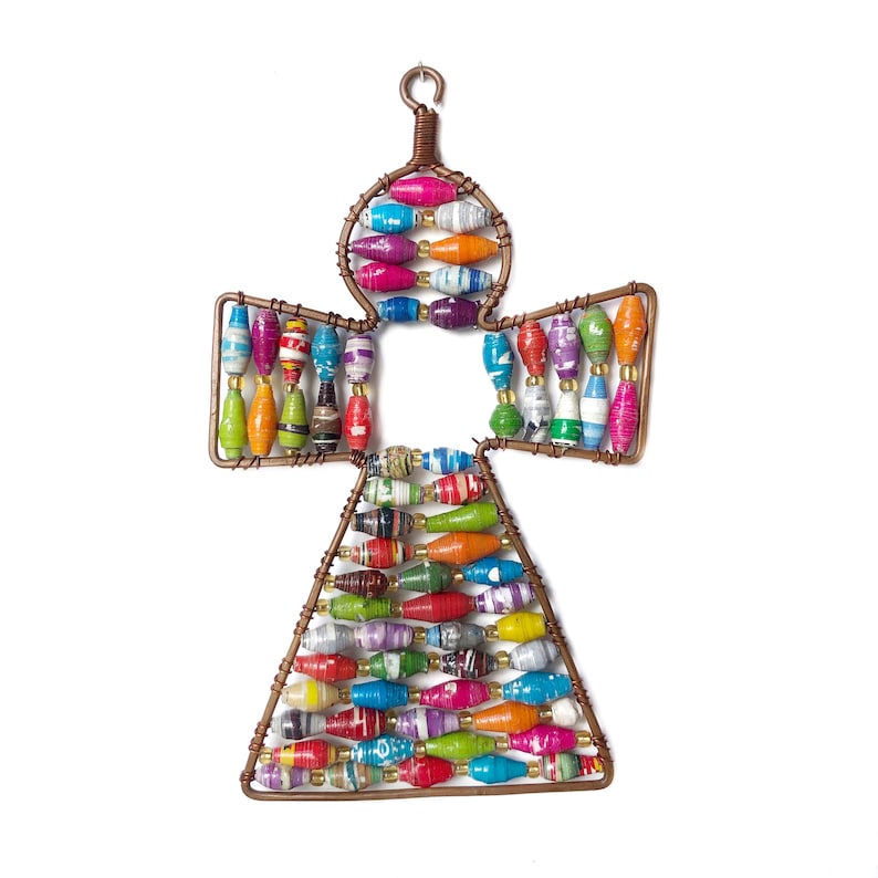 Paper Bead Angel Christmas Ornament Multicolor Recycled Fair Trade from Uganda image 1