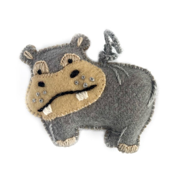 Hippopotamus Christmas Ornament, Embroidered Wool, Fair Trade Handmade in Peru
