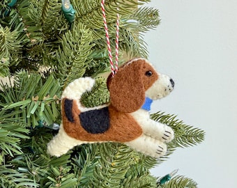 Beagle Dog Christmas Ornament - Felt Wool Fair Trade Holiday Decor Handmade Nepal