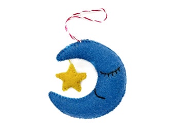 Moon and Star Ornament - Felt Wool Fair Trade Christmas Decor Handmade in Nepal