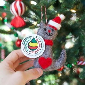 Cat in Christmas Hat Felt Wool Fair Trade Handmade Cat Christmas Ornament image 2