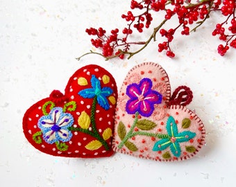 Colorful Heart Ornaments with Flowers and Dots - Hand Embroidered Christmas Decor from Peru, Various Colors