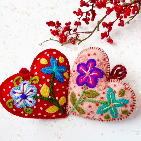 Colorful Heart Ornaments with Flowers and Dots - Hand Embroidered Christmas Decor from Peru, Various Colors