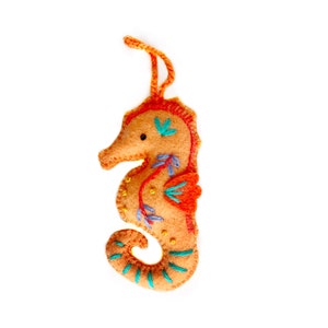 Seahorse Ornament, Fair Trade Embroidered Wool Christmas Decor Handmade in Peru