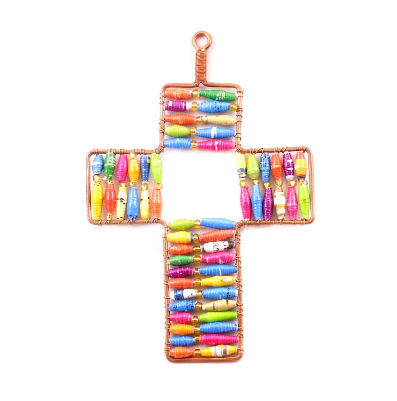 Multicolor Recycled Handmade Fair Trade in Africa Paper Bead Cross Christmas Ornament