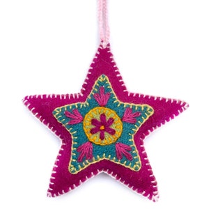 Pink Star Embroidered Wool Christmas Ornament, Fair Trade Handmade in Peru