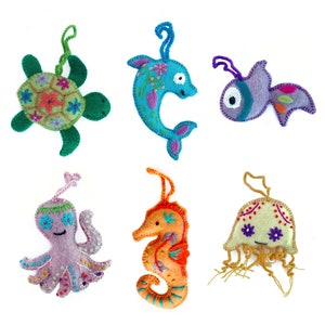 Friendly Sea Creature Ornament Set - Embroidered Wool Christmas Decor, Fair Trade Handmade in Peru