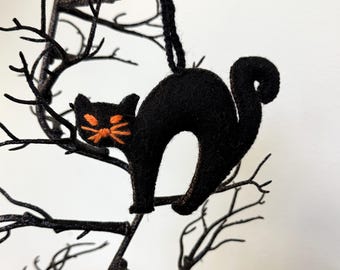 Black Cat Halloween Ornament - Fair Trade Embroidered Wool Holiday Decor Handmade in Peru