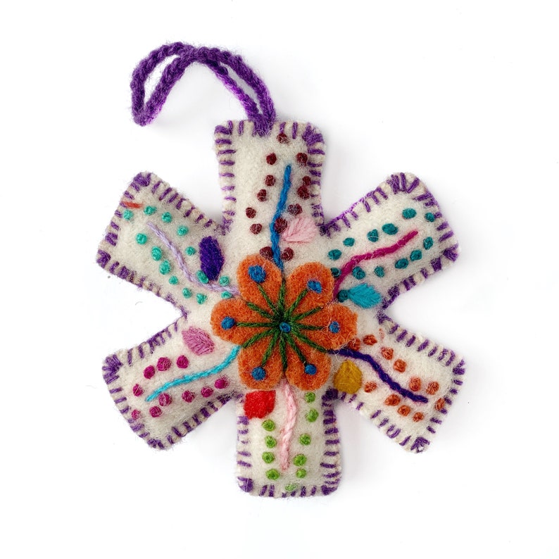 Snowflake Christmas Ornament Set, Multicolor Variety 12 Pack Embroidered Wool Fair Trade Handmade in Peru image 10