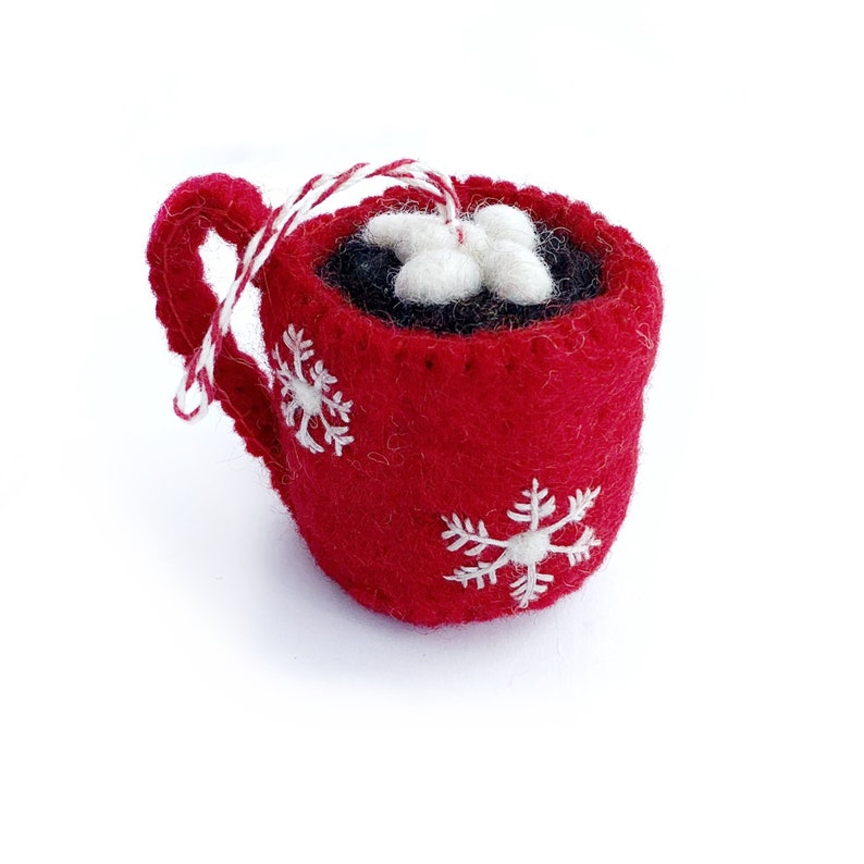 Handmade Hot Chocolate Christmas Ornament - red mug with snowflake design, hot cocoa and tiny marshmallows.