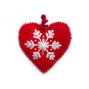 Classic Red Heart Ornament, Embroidered Wool Fair Trade Christmas Decor Handmade in Peru