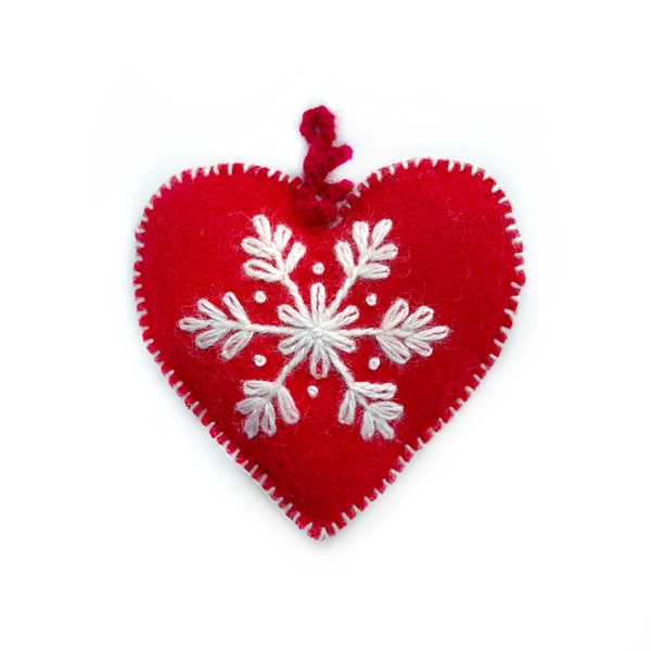 Classic Red Heart Ornament, Embroidered Wool Fair Trade Christmas Decor Handmade in Peru