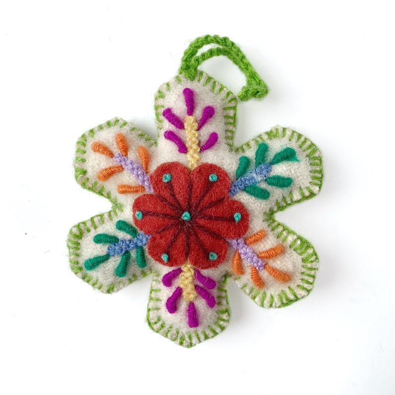 Snowflake Christmas Ornament Set, Multicolor Variety 12 Pack Embroidered Wool Fair Trade Handmade in Peru image 8