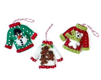 Ugly Christmas Sweater Ornament Trio - Felt Wool Fair Trade Handmade Nepal