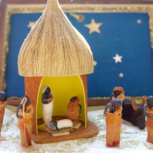 Bark Cloth Nativity Figurine Set with Hut - Fair Trade Handmade in Uganda, East Africa
