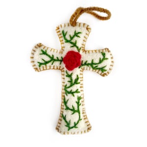 Cross with Rose Christmas Ornament, Embroidered Wool, Fair Trade Handmade in Peru