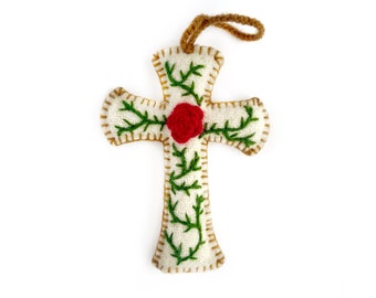 Cross with Rose Christmas Ornament, Embroidered Wool, Fair Trade Handmade in Peru