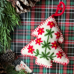 White Tree Ornament, Embroidered Wool Christmas Decor Handmade in Peru