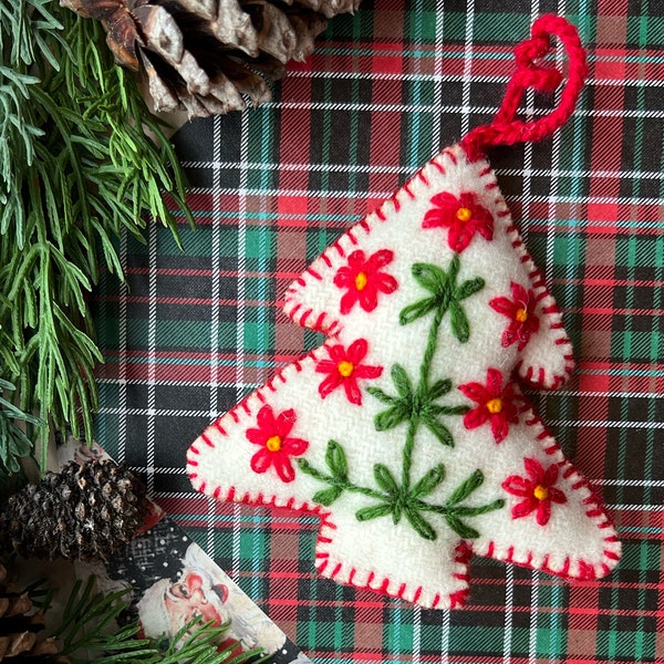 White Tree Ornament, Embroidered Wool Christmas Decor Handmade in Peru