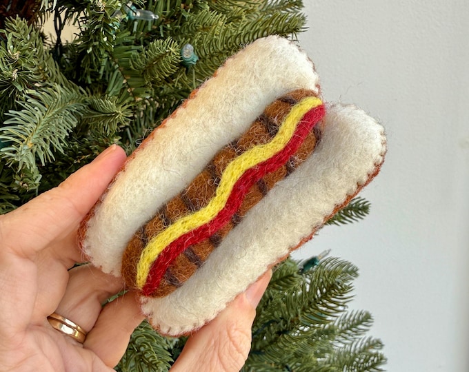 Hot Dog Christmas Ornament - Felt Wool Fair Trade Handmade Nepal