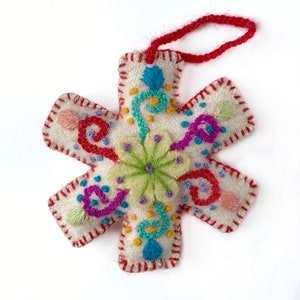 Snowflake Christmas Ornament Set, Multicolor Variety 12 Pack Embroidered Wool Fair Trade Handmade in Peru image 3