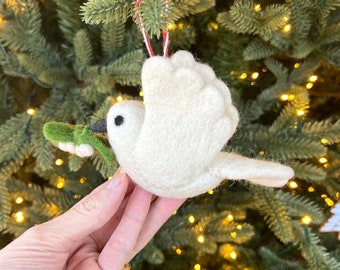 Dove with Olive Branch Ornament - Felt Wool Fair Trade Handmade Christmas Decor