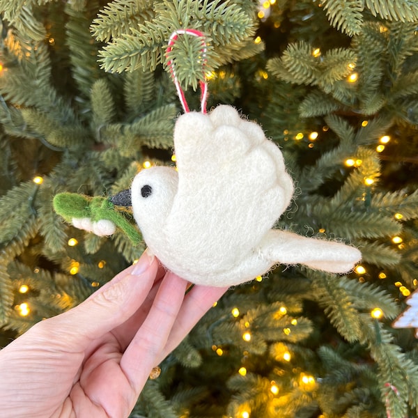 Dove with Olive Branch Ornament - Felt Wool Fair Trade Handmade Christmas Decor