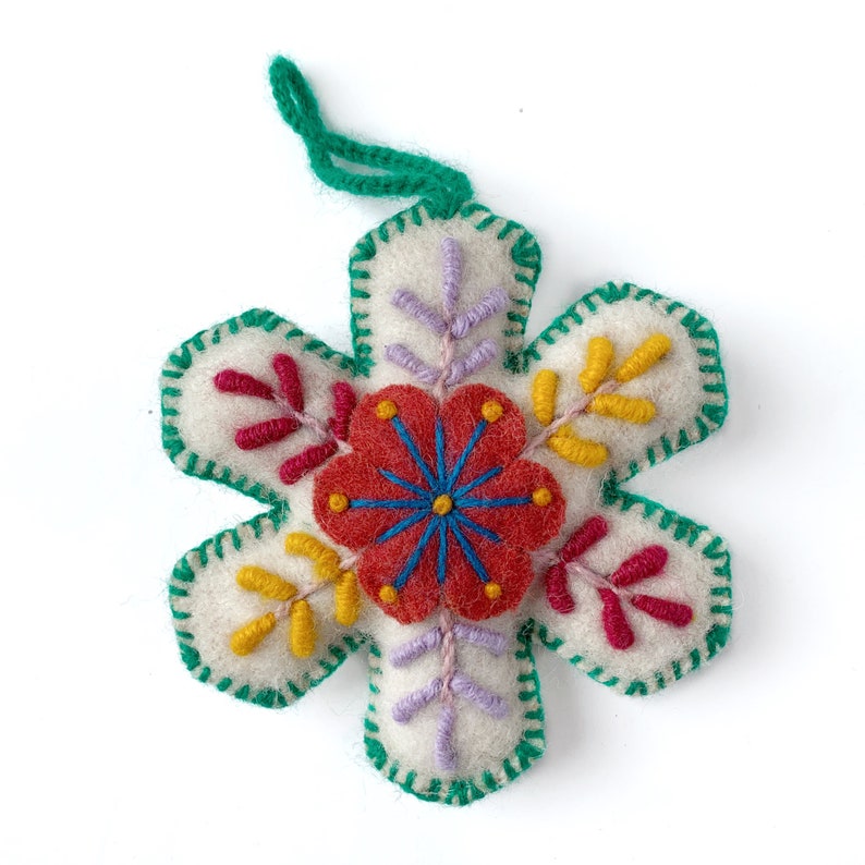 Snowflake Christmas Ornament Set, Multicolor Variety 12 Pack Embroidered Wool Fair Trade Handmade in Peru image 4