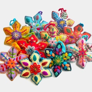 Colorful Snowflake Christmas Ornament Set, Solid Variety 12 Pack - Embroidered Wool - Fair Trade Handmade in Peru