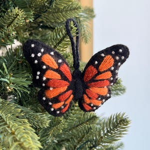Monarch Butterfly Ornament - Fair Trade Embroidered Wool Christmas Decor Handmade in Peru