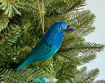 Indigo Bunting Ornament - Hand Carved Wood Bird Christmas Decor from Kenya, East Africa