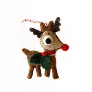 Reindeer with Holly Ornament - Felt Wool Fair Trade Christmas Decor Handmade in Nepal