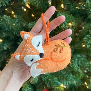 Sleeping Fox Ornament, Fair Trade Embroidered Wool Christmas Decor Handmade in Peru