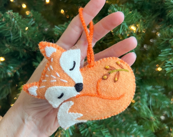 Sleeping Fox Christmas Ornament, Fair Trade Embroidered Wool Holiday Decor Handmade in Peru
