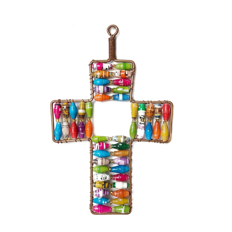 Multicolor Recycled Handmade Fair Trade in Africa Paper Bead Cross Christmas Ornament