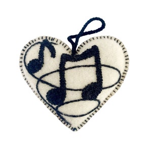 Music Heart Ornament, Fair Trade Embroidered Wool Christmas Decor Handmade in Peru
