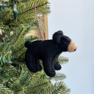 以下が含まれることがあります： 緑のクリスマスツリーに、赤と白の紐で吊るされた、白い鼻をした黒いフェルトのクマのオーナメントです。