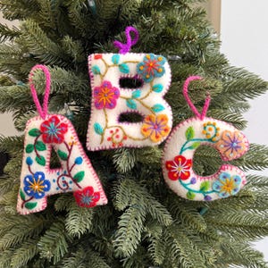 White Letter - Embroidered Wool Ornament Alphabet Initials ABCs Handmade in Peru, Fair Trade Assorted