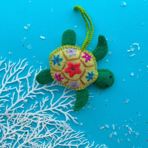 Sea Turtle Christmas Ornament, Fair Trade Embroidered Wool Handmade in Peru