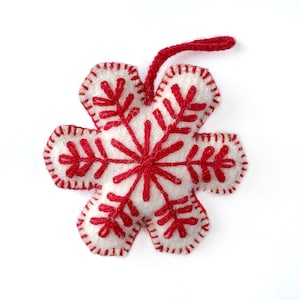Snowflake Embroidered Wool Christmas Ornament, Single Color - Handmade in Peru