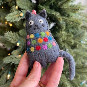 Cat Tangled in Lights Ornament - Felt Wool Fair Trade Christmas Decor Handmade in Nepal